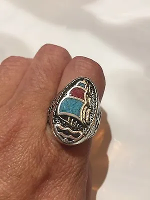 Buy Vintage Southwestern Silver Men's Genuine Turquoise Stone Inlay 13 Ship Ring • 61.57£