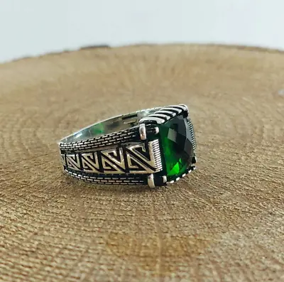 Buy 925 Sterling Silver Handmade Men's Ring With Square Shape Green Emerald Stone • 46.26£