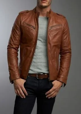 Buy Men's Real Lambskin Tan Brown Leather Motorcycle Jacket Slim Fit Biker Jacket • 24£