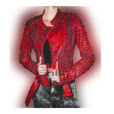 Buy Handmade Women Motorcycle Punk Heavy Metal Spiked Black Stud Red Leather Jacket • 201.06£