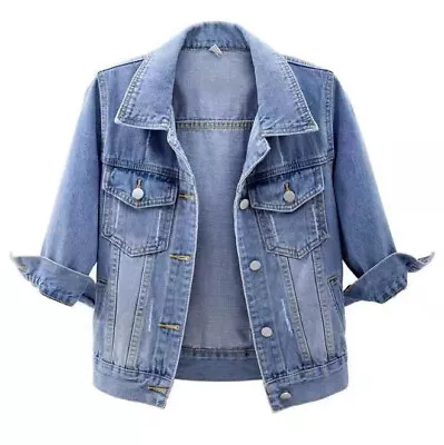 Buy Womens Denim Jacket Womens Coat Color Plain Top Button Up Ladies Short Jean Top • 19.92£