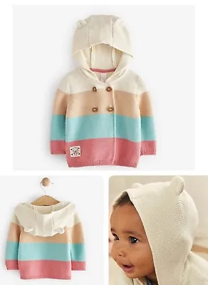 Buy Baby Girls FAT FACE Hooded Cardigan Bear Ears Pink Cream Cotton Knitted Jacket • 8.95£