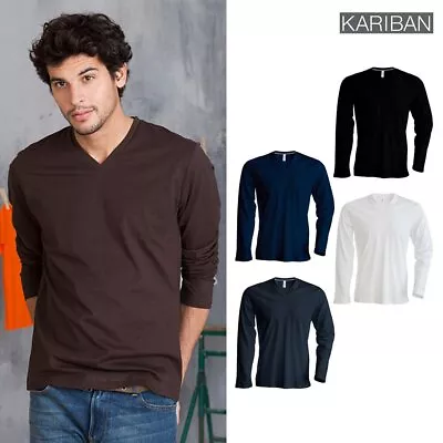 Buy Kariban Men's Long Sleeve V-Necked T-Shirt (K358) - Casual Plain Cotton Tee • 15.29£