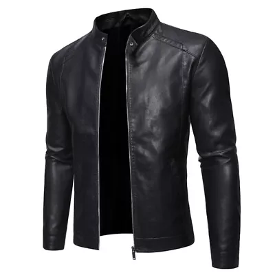 Buy Mens Casual Simple Slick Biker Leather Jacket Motorcycle Retro Racer Coat Size • 26.98£