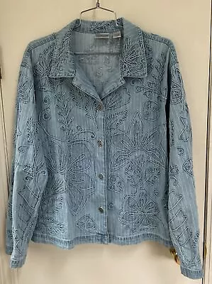 Buy CHICO'S Women's Size 2 Embroidered Piping Blue Denim Jean Art To Wear Jacket • 14.47£