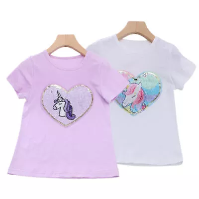 Buy Girls Unicorn Short Sleeve Sequin Heart Round Neck T-Shirt Summer Casual Tops◢ • 9.42£