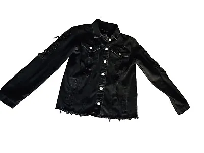 Buy Ladies Pretty Little Thing Distressed Black Denim Jacket Size Small • 4.99£