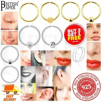 Buy 925 Sterling Silver Nose Rings Hoops Small Thin Piercings Ear Lip Body Jewellery • 2.99£