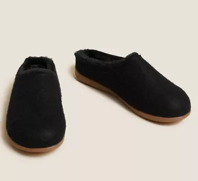 Buy Womens Slippers Black Soft Felt Faux Fur Lined Mules Ex M&S  Rrp £17.50 • 7.50£