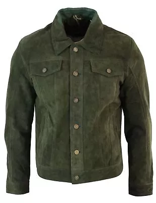 Buy Mens Vintage Short Denim Style Retro Real Suede Leather Jean Jacket Casual • 126.49£