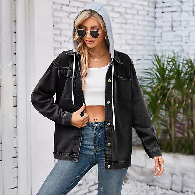 Buy Womens Holiday Hooded Denim Jacket Casual Loose Biker Jeans Coats Tops PLUS SIZE • 26.39£
