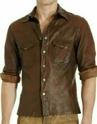 Buy New Men's Washed Brown Slim Fit Shirt Retro Smart Casual Genuine Leather Jacket • 39.99£