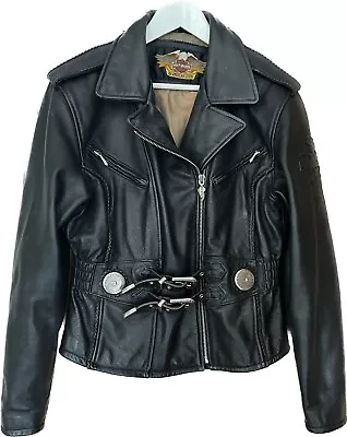 Buy Ladies Harley Davidson Black Leather Biker Jacket Embossed Embroidery Size M • 149.99£