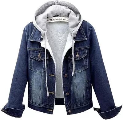 Buy Ladies Women Girls Fleece Lined Hooded Blue Denim Jacket Size 10 UK • 38£