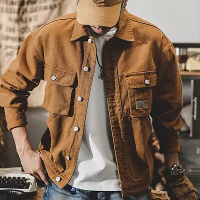Buy Men Denim Button Tops Cargo Loose Retro Jacket Coat Outwear Workwear Winter Warm • 25.19£