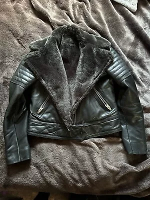 Buy All Saints Perkins Lux Biker Leather Faux Fur Jacket Black Size 12 BNWOT • 175£