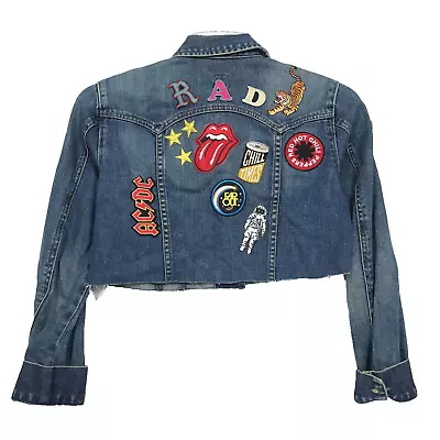 Buy GAP Vintage Style Patched Denim Cropped Jacket Sz S Blue Prince Peppers ACDC RAD • 21.89£