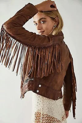 Buy Womens Brown Leather Fringe Jacket Brown Lambskin Leather Fringed Jacket • 142.08£