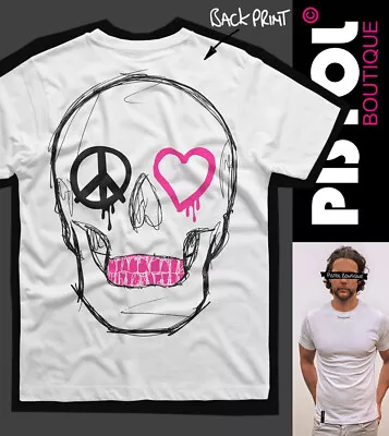 Buy Pistol Boutique Men's White Crew Neck PEACE HEART EYES SKULL Back Print T-shirt • 26.99£