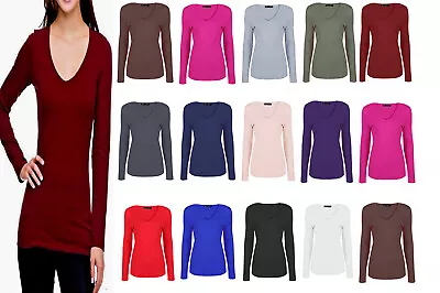Buy Ladies Womens V Neck Long Sleeve Plain Slim Fit Basic Top Stretchy T-Shirt 8-26. • 6.99£