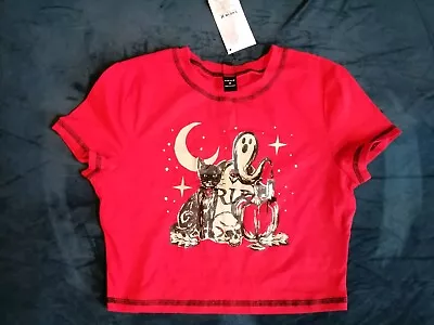 Buy Woman Red Crop Top (SIZE M) Witchy Spooky Vibe, Cat, Moon, Ghost, Skull, Stars.  • 2.99£