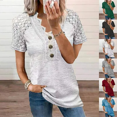 Buy Plus Size 6-20 Womens Lace Tunic Tops Ladies V Neck Short Sleeve T Shirt Blouse • 2.89£