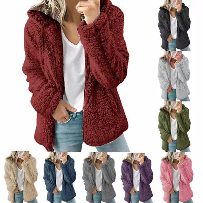 Buy Womens Fleece Teddy Jacket Coat Winter Warm Cardigan Hooded Hoodie Tops Zip Up~ • 7.33£