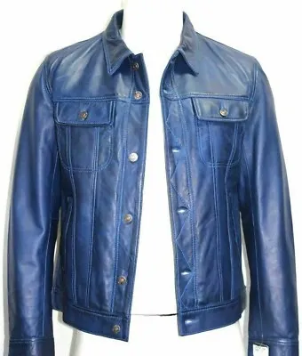 Buy Mens Genuine Blue Leather Leder Denim Style Jacket Biker Casual Shirt • 109.99£