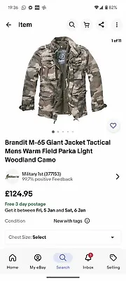 Buy Brandon M-65 Giant Jacket Tactical Mens Warm Field Parka Light Woodland Camo • 80£