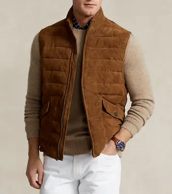 Buy Brown Suede Leather Quilted Puffer Vest For Men Size XS S M L XL XXL 3XL • 156.35£