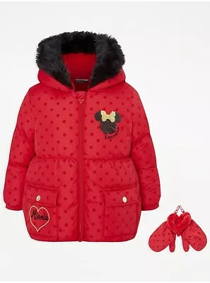 Buy Bnwt 2-3Y Girls Disney Minnie Mouse Red Polka Dot Padded Coat + Mittens Jacket • 19.99£