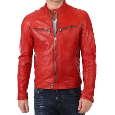 Buy Men’s Red Faux Leather Cafe Racer Slim Fit Jacket • 19.66£