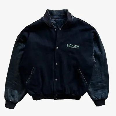 Buy Vintage 90s Hitachi Power Tools Black Leather Varsity Jacket, College Promotion • 85£