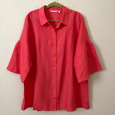 Buy Soft Surroundings Size 1X Women Coral Pink Bell Sleeves Linen Lyocell Button Up • 33.62£