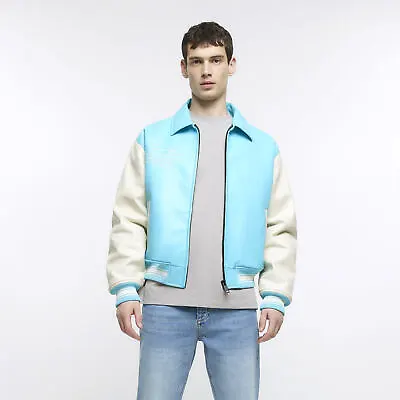 Buy River Island Mens Varsity Jacket Blue Faux Leather Collared Zip Outerwear Top • 17.80£