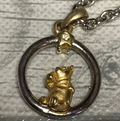 Buy Rare Disney Silver Gold Tone Winnie The Pooh Wishing On A Star Pendant Necklace • 33.77£