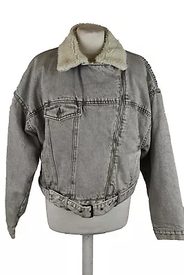 Buy PULL&BEAR Grey Denim Jacket Size M Womens Full Zip Sherpa Lined Outdoors • 30£