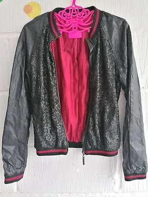 Buy 🖤 Osley Size XS Y2k 2000s Black PU Sequin Bomber Jacket Zip Punk Goth Rock Alt • 18.50£