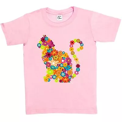 Buy 1Tee Kids Girls Cat Silhouette Floral T-Shirt • 5.99£
