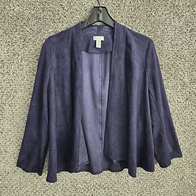 Buy Chicos Jacket Womens 1 Medium Blue Faux Suede Stretch Polyester Open Front • 21.78£