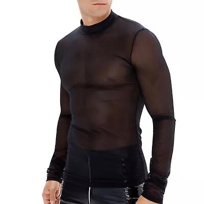 Buy Mens See-through Mesh Undershirts Mock Neck Long Sleeve T-Shirts Tops Clubwear • 10.79£