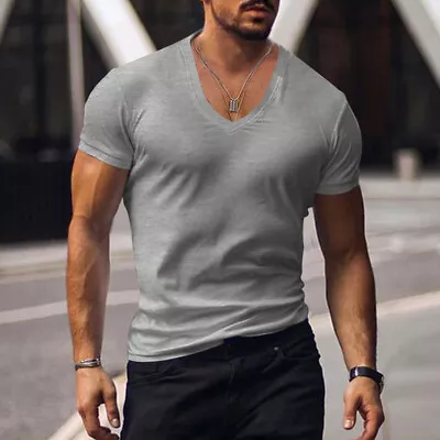 Buy Men Summer Tops V Neck Muscle T Shirt Mens Slim Fit Short Sleeve Sport Blouse • 10.89£