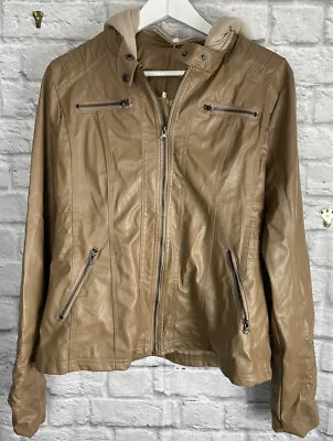 Buy Ladies Light Brown Faux Leather Coat Removable Hood Size Xl C6302 • 14.99£
