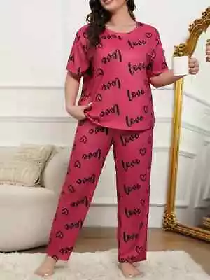 Buy Pyjama Set Plus 18 20 22 24  Pink Heart Print Stretch Loungewear Comfort Curve • 11.99£