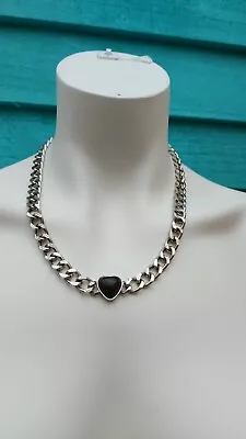 Buy Silver Tone Curbchain Necklace With Fixed Black Heart Costume Jewellery • 3£