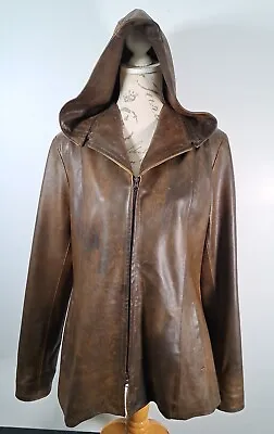 Buy VERA PELLA Jacket Brown Genuine Leather Removable Hood Vintage Women's Size 50 • 54£