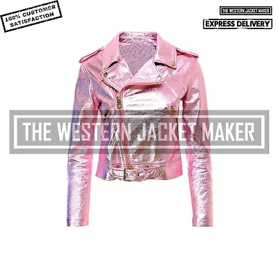 Buy Women Metallic Pink Biker Jacket Real Leather Women Motorcycle Jacket  • 107.61£