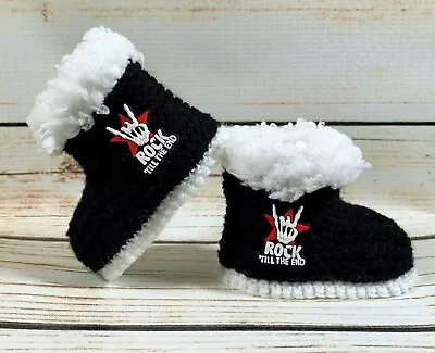 Buy Baby Hand Knitted  Booties Boots Slippers Rock On Goth Metal Punk Skull 0-12M • 22.53£