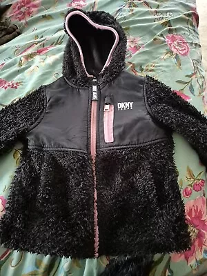 Buy DKNY Jeans Hooded Black Faux Fur Jacket With Pink Zip 24months • 0.99£