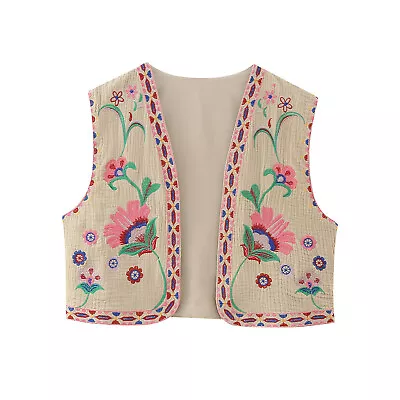 Buy Women Boho Vintage Floral Vest Coat Short Cardigan Jacket Embroidery Waistcoat • 13.68£